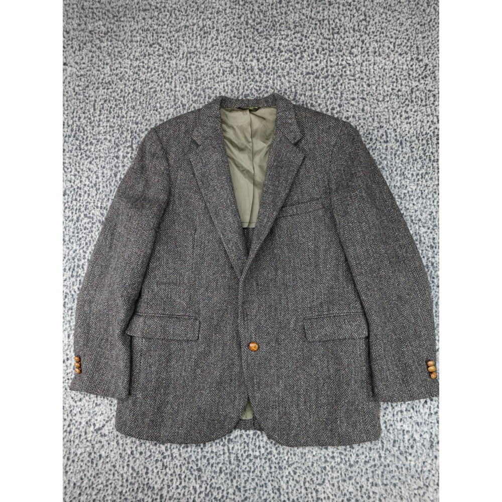 Harris Tweed Blazer Mens 44 Gray Herringbone Wool Handwoven Jacket 11.308